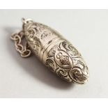 A SMALL VICTORIAN BULLET SHAPED SILVER SCENT BOTTLE with engraved decoration on a chain. 4.5cms