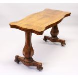 A 19TH CENTURY ROSEWOOD CENTRE TABLE, of shaped outline, with a baluster shaped column support to