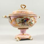 A PINK SEVRES DESIGN OVAL TWO HANDLED TUREEN AND COVER painted with flowers and musical trophies.