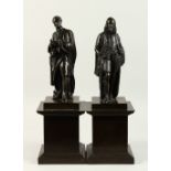 A PAIR OF 19TH CENTURY BRONZE FIGURES "SIR ISAAC NEWTON" and "SIR FRANCIS BACON", on square pedestal