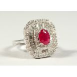 A SUPERB 18CT GOLD, DIAMOND AND RUBY BAGUETTE SET COCKTAIL RING, boxed.