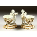 A PAIR OF MOORES TYPE WHITE GLAZED CUPIDS WITH BASKETS encrusted with flowers, on gilt scroll bases.