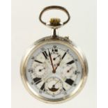 A LARGE LATE 19TH CENTURY POCKET WATCH, white enamel dial with Roman numerals and four subsidiary