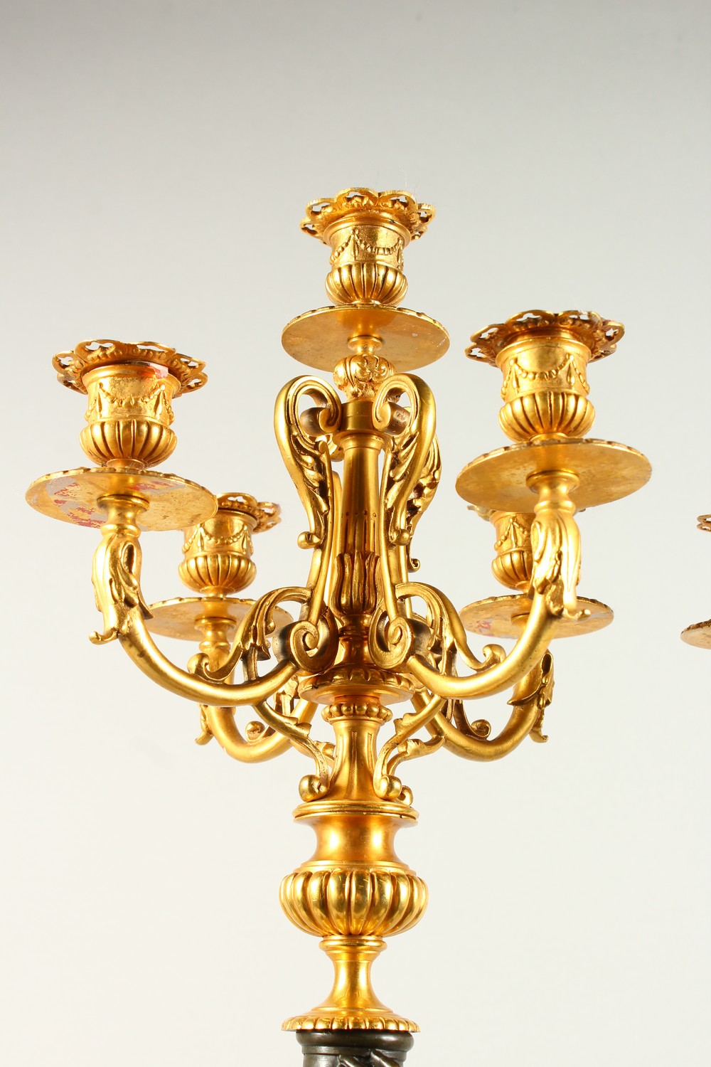 A VERY GOOD PAIR OF BRONZE, ORMOLU AND MARBLE CANDELABRA, modelled as a pair of classical femal - Image 5 of 20