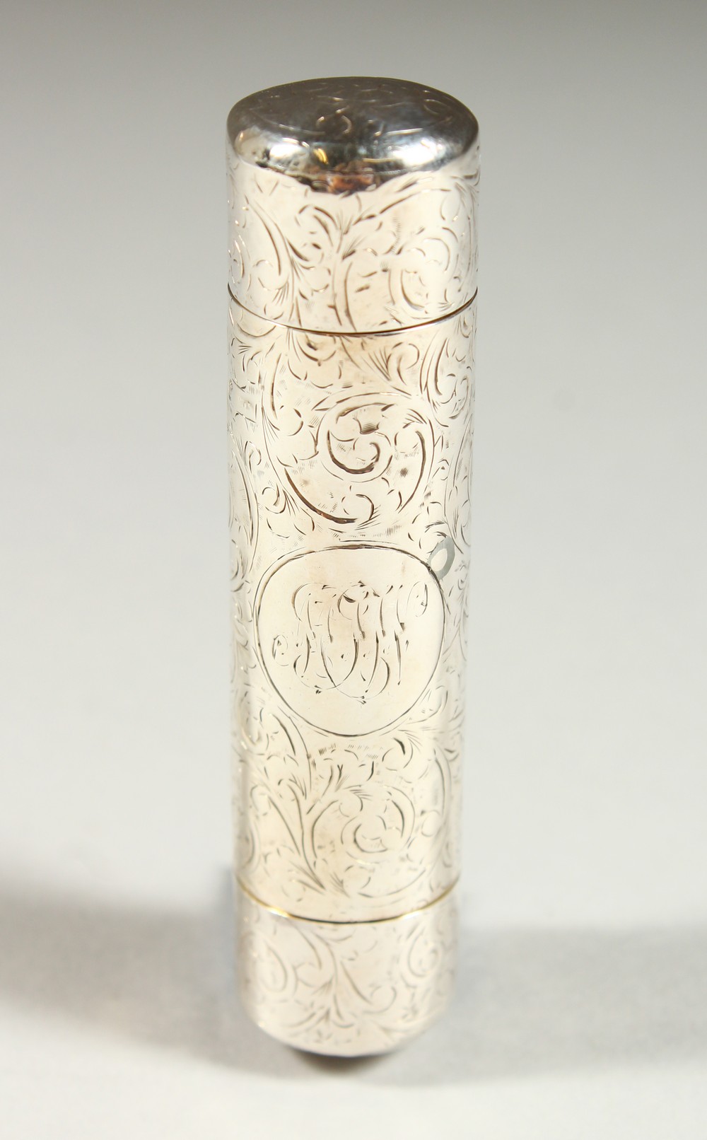 A GOOD VICTORIAN ENGRAVED SILVER DOUBLE ENDED SCENT BOTTLE, one for scent with a glass stopper,