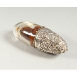 A VICTORIAN GLASS AND REPOUSSE SILVER BULLET SHAPED SCENT BOTTLE .