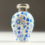 A VICTORIAN SPODE BLUE AND WHITE PORCELAIN SCENT BOTTLE with screw off plain silver cap.