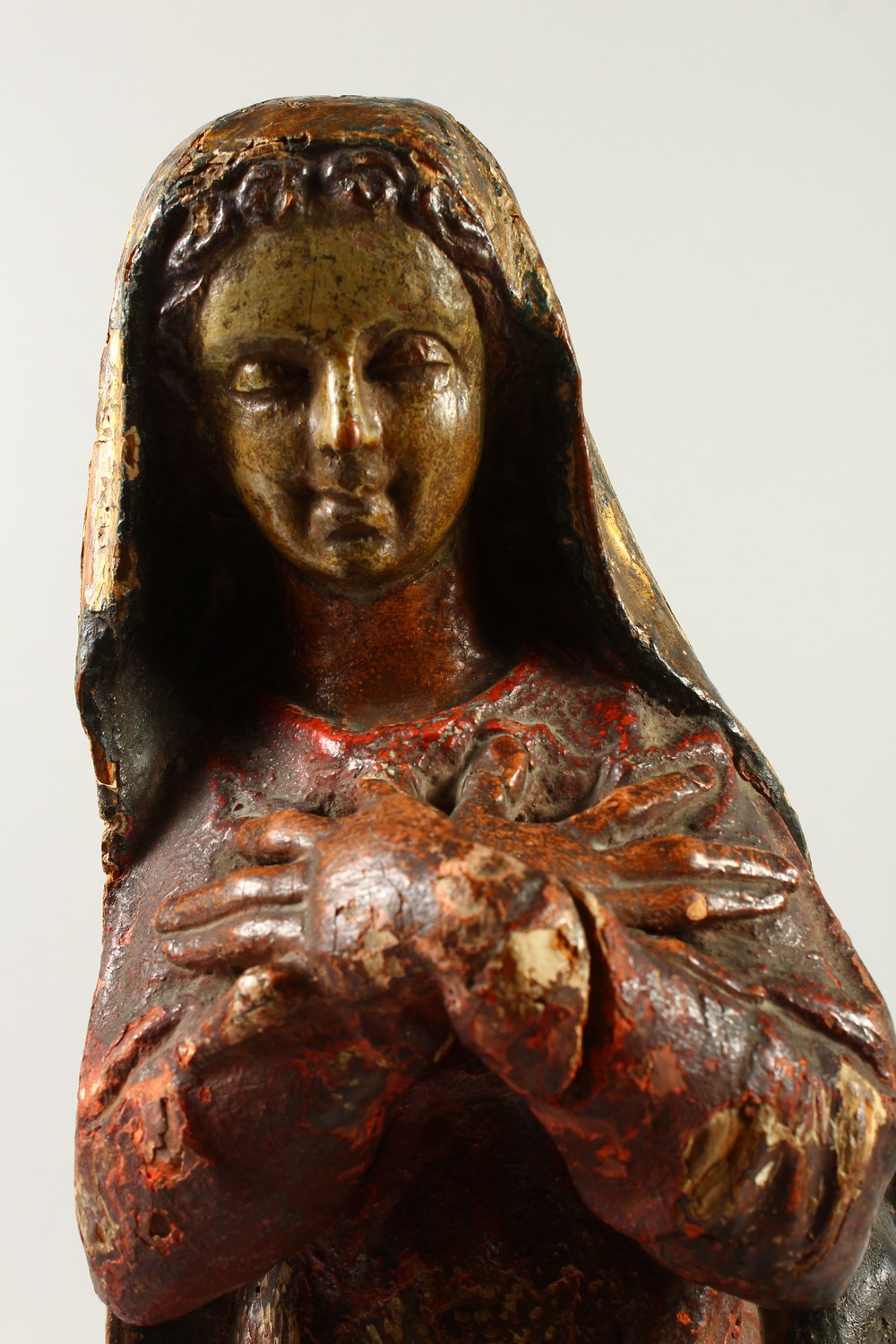 A 17TH - 18TH CENTURY ITALIAN CARVED, GILDED AND PAINTED MADONNA. 46cm high. - Image 2 of 6
