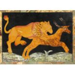 AN 18TH CENTURY ITALIAN MARBLE INLAID PLAQUE depicting a lion attacking a deer. 20cms x 28cms.