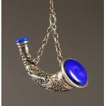 A VERY GOOD VICTORIAN SILVER NOVELTY HORN SHAPED SCENT BOTTLE with blue enamel top and lapis-