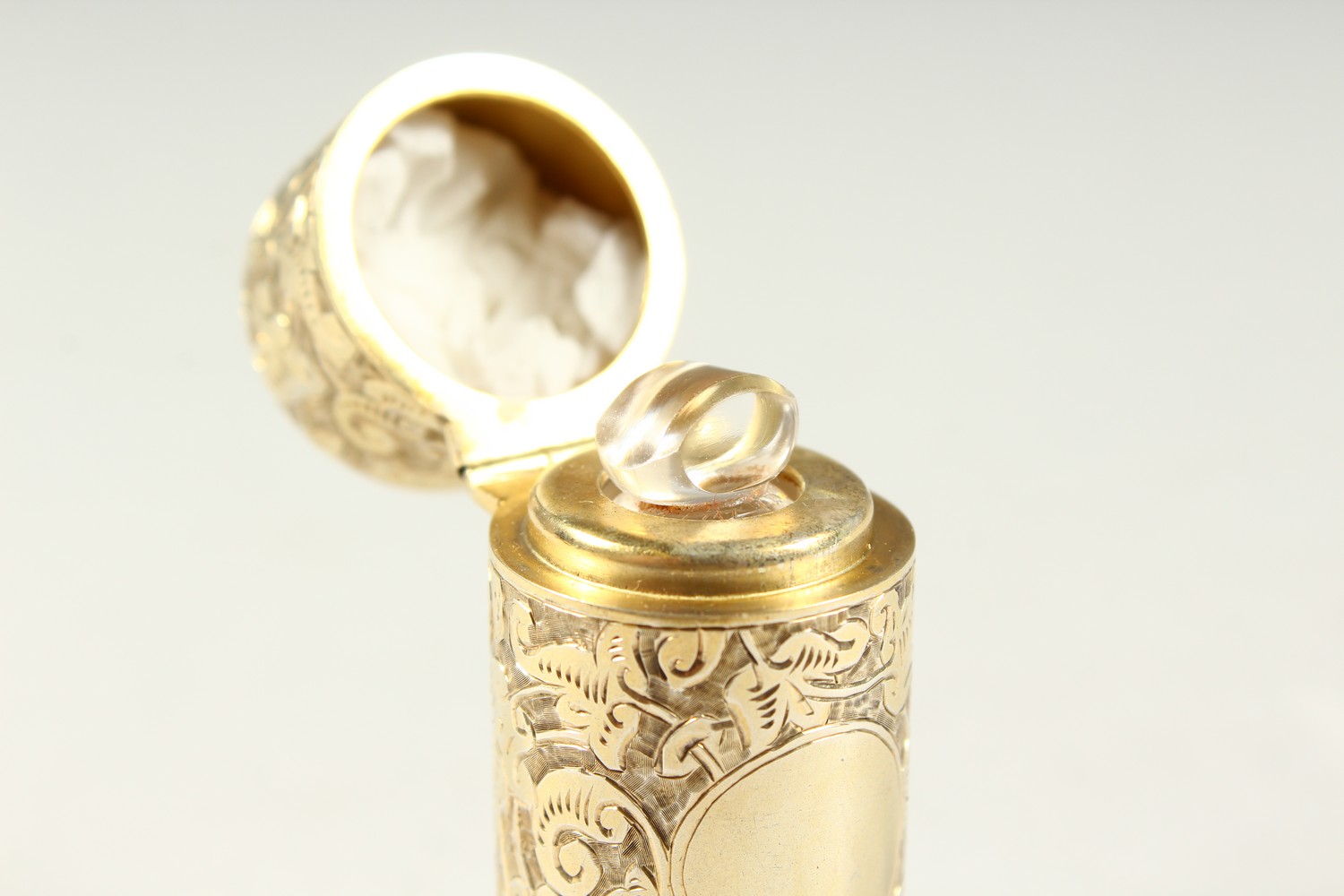A GOOD VICTORIAN SILVER GILT ENGRAVED DAUM SHAPED SCENT BOTTLE with glass stopper. Chester 1888. 5. - Image 7 of 7