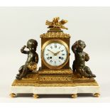 A GOOD 19TH CENTURY FRENCH ORMOLU AND MARBLE MANTLE CLOCK, with eight day movement striking on a