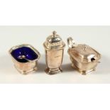 A THREE PIECE CRUET - SALT, MUSTARD AND PEPPER. Birmingham 1921.