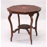 AN EDWARDIAN INLAID MAHOGANY OCTAGONAL SHAPED CENTRE TABLE, with curving legs united by an