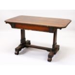 A 19TH CENTURY ROSEWOOD LIBRARY TABLE with beaded rounded rectangular top, a frieze drawer, on plain