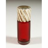 A GOOD VICTORIAN PLAIN RUBY GLASS SCENT BOTTLE with spiral silver top by SAMPSON & MORDAN. London