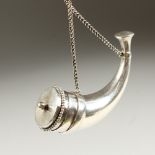 A SILVER HORN SHAPED VINAIGRETTE on a chain. 6.5cms long.