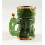 A SUPERB RUSSIAN JADE AND SILVER GILT TANKARD. Stamped 84. A. C. 1896. 12.5cms high.