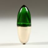 A VICTORIAN GREEN GLASS AND SILVER BULLET SHAPED SCENT BOTTLE.Birmingham 1897. Maker C. M. 4cms