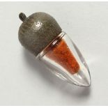 A TINY ACORN SHAPED GLASS AND PLATE SCENT BOTTLE. 3.5cms long.