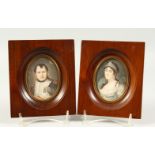 A PAIR OF EARLY 20TH CENTURY OVAL PORTRAIT MINIATURES, NAPOLEON AND JOSEPHINE, in wooden frames.
