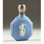 A WEDGWOOD BLUE AND WHITE JASPER WARE SCENT BOTTLE with classical figures and a silver cap. London