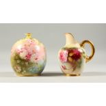 A ROYAL WORCESTER JUG, painted with roses, Pattern No. 1094 and A ROYAL BOW VASE (2). Both 5ins