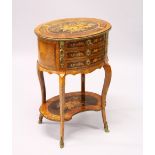 A 19TH CENTURY FRENCH KINGWOOD, MARQUETRY AND ORMOLU OVAL SHAPED OCCASIONAL TABLE, with floral
