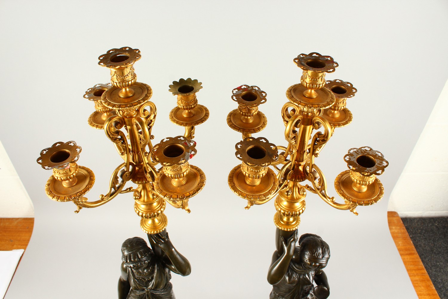 A VERY GOOD PAIR OF BRONZE, ORMOLU AND MARBLE CANDELABRA, modelled as a pair of classical femal - Image 6 of 20