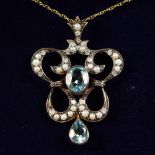 A 9CT GOLD, BLUE TOPAZ, PEARL AND DIAMOND PENDANT on a 9ct gold chain, boxed.