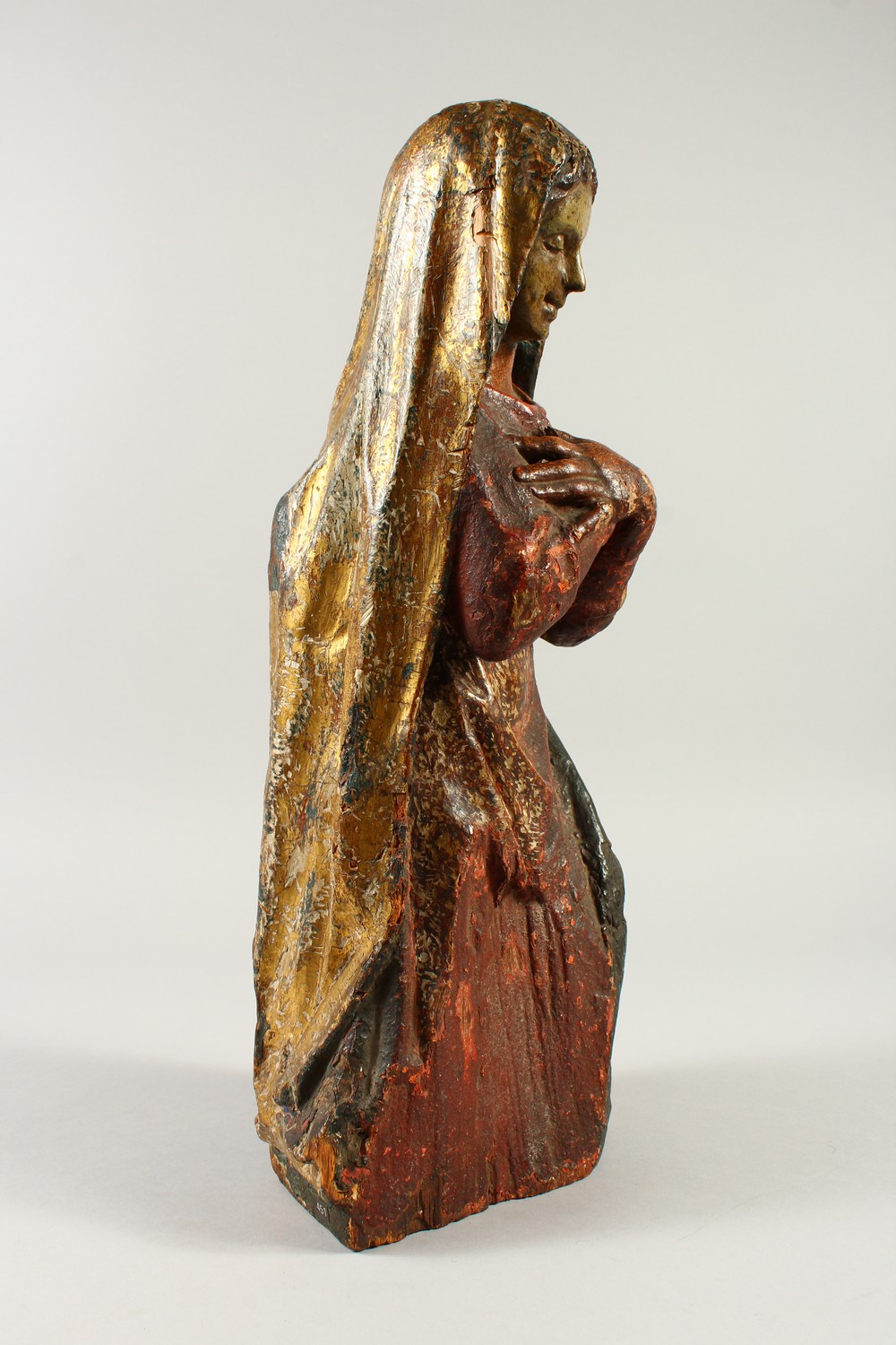 A 17TH - 18TH CENTURY ITALIAN CARVED, GILDED AND PAINTED MADONNA. 46cm high. - Image 3 of 6