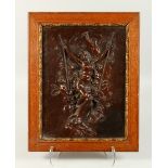 19TH CENTURY FRENCH SCHOOL. A BRONZE PLAQUE OF A GIRL ON A SWING with cupids. 38cms by 28cms, in a