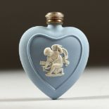A WEDGWOOD BLUE JASPER WARE HEAVY SHAPED SCENT BOTTLE with silver cap. 6.5cms long x 5cms wide.