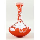 A SUPERB WEBB'S ORANGE PASSION FLOWER CAMEO BULBOUS VASE. 22cms high x 14.5cms diameter.