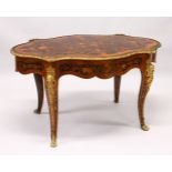 A VERY GOOD LOUIS XVI STYLE FRENCH MARQUETRY AND ORMOLU CENTRE TABLE, the shaped top inlaid with