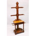 A VICTORIAN OAK HALL STAND, with carved back, single drawer, on turned front supports. 200cms high x