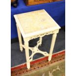 A PAIR OF GILTWOOD CREAM MARBLE TOP TABLES. 1ft 4ins wide.