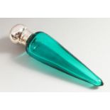 A VICTORIAN TURQOISE-COLOUR GLASS TAPERING SCENT BOTTLE with silver cap. London. Maker D. & L. S.