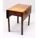 A GEORGE III MAHOGANY PEMBROKE TABLE, with a drawer to one end, on moulded square legs. 80cms long x