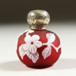 A LOVELY WEBB'S CAMEO GLASS PINK SCENT BOTTLE with a band of flowers and engraved silver top.