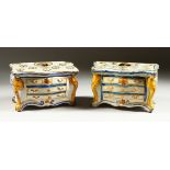 A PAIR OF 18TH CENTURY CONTINENTAL FAIENCETIN GLAZED FLOWER HOLDERS, in the form of three drawer