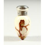 A TINY PORCELAIN (POSSIBLY WORCESTER) EGG SHAPED SCENT BOTTLE painted with an owl, swallow and