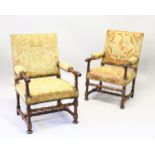 A GOOD PAR OF 19TH CENTURY WALNUT FRAMED OPEN ARMCHAIRS, with tapestry upholstered backs, arms and