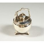 A RARE VICTORIAN NOVELTY SILVER CAULDRON SHAPED SCENT BOTTLE with swing handle and chain on three