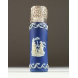 A VICTORIAN BLUE AND WHITE JASPER WARE SCENT BOTTLE with repousse silver top and glass stopper.