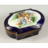 A FRENCH PORCELAIN JEWELLERY BOX with blue ground (AF). 6.5ins.