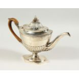 A GEORGE III SCOTTISH SEMI-FLUTED COFFEE POT, with pineapple finial, engraved band on a hexagonal