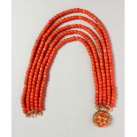 A SUPERB FIVE ROW CORAL NECKLACE with gold clasp. 230 grams.