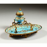 A GOOD SMALL 19TH CENTURY BLUE ENAMEL AND ORMOLU DESK STAND, with inkwell and pen tray, painted with