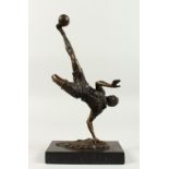 A BRONZE FOOTBALL FIGURE - Overhead Kick, on a marble base. 14ins high.